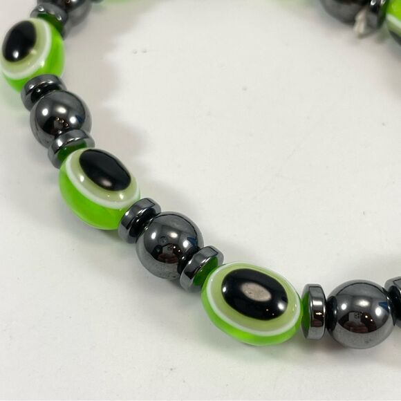 Turkish Lucky Evil Eye Magnetic Hematite Stretch Bracelet Green Black Boho - Picture 5 of 5